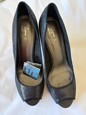 Zara Black Sequin Peep-Toe Heels